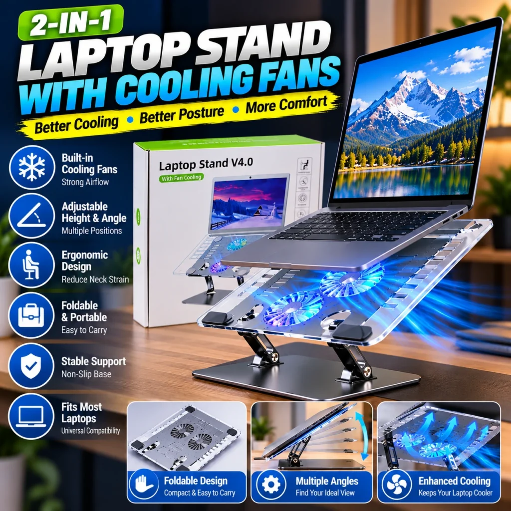 Smart 2-in-1 Ergonomic Laptop Stand with Cooling Fans – Adjustable & Portable
