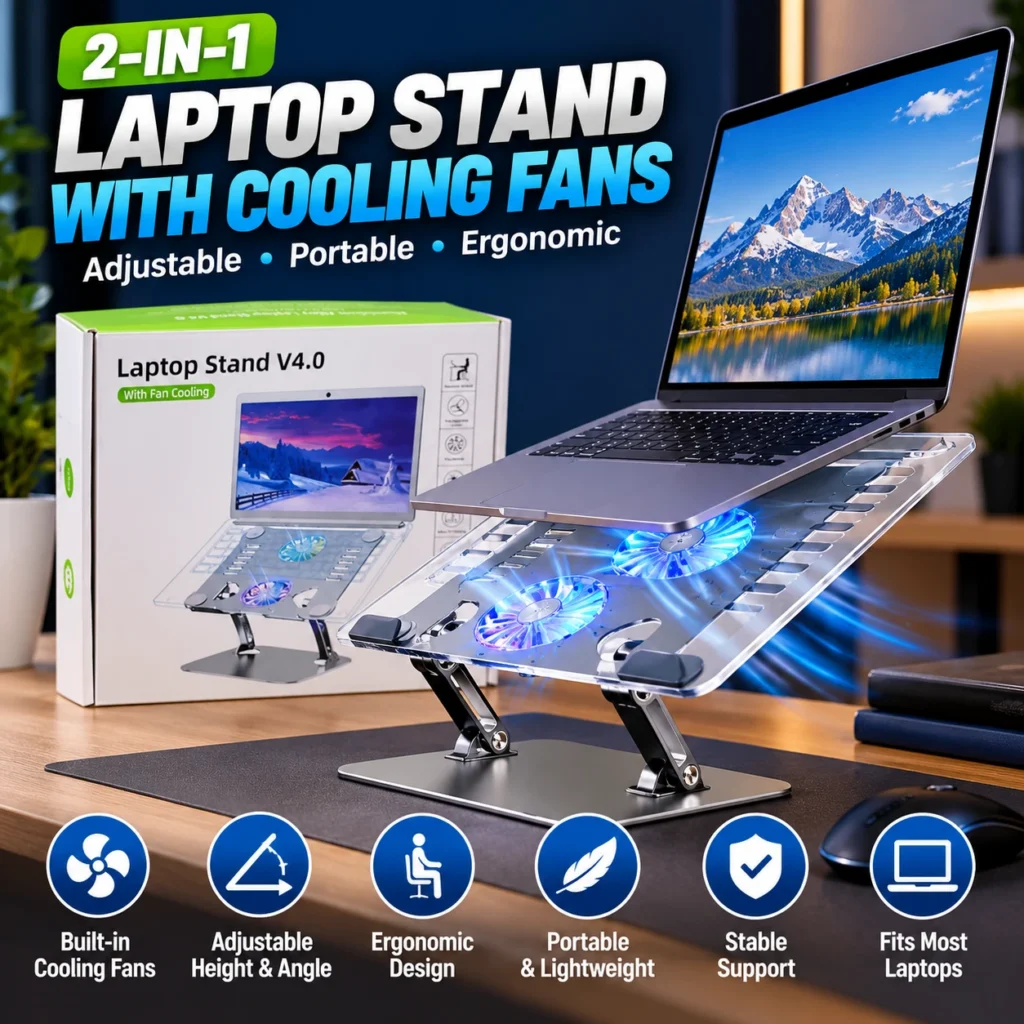 Smart 2-in-1 Ergonomic Laptop Stand with Cooling Fans – Adjustable & Portable