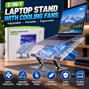 Smart 2-in-1 Ergonomic Laptop Stand with Cooling Fans – Adjustable & Portable