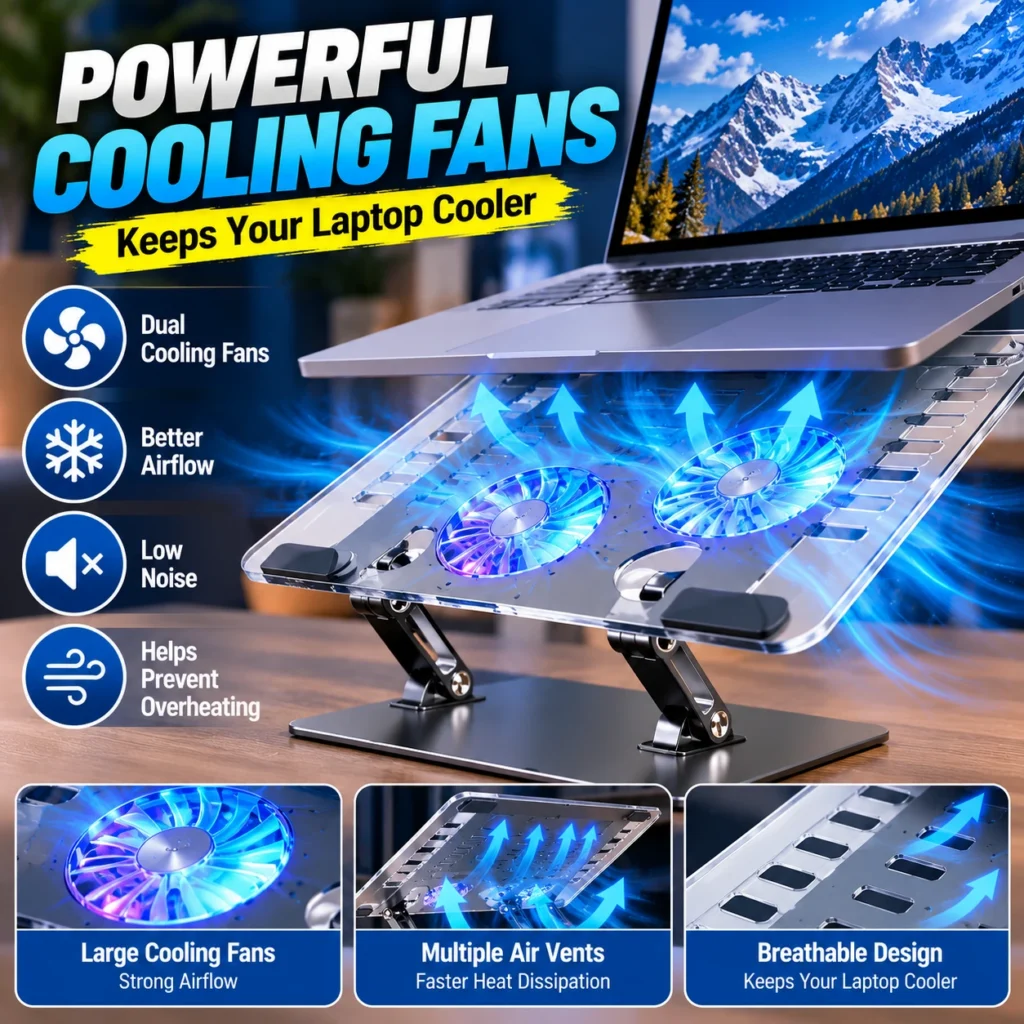 Smart 2-in-1 Ergonomic Laptop Stand with Cooling Fans – Adjustable & Portable