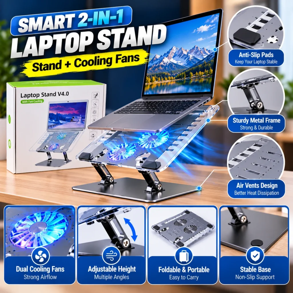 Smart 2-in-1 Ergonomic Laptop Stand with Cooling Fans – Adjustable & Portable